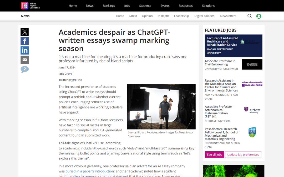 Jack Grove, Academics despair as ChatGPT-written essays swamp marking season, The Times Higher Education Supplement